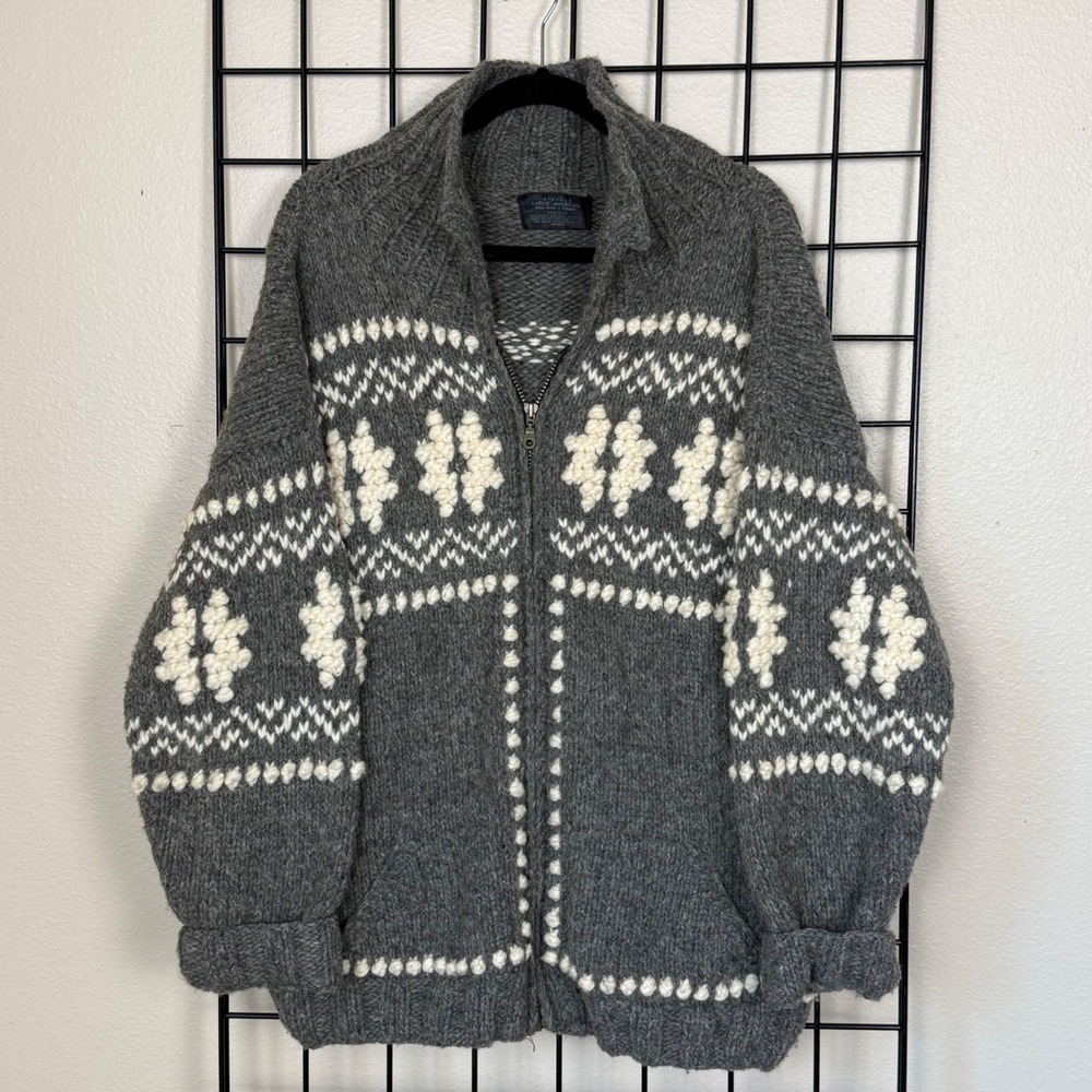 Vintage Otavalo Native American Wool Cardigan Mens L Grey Hand Made Cowichan Zip